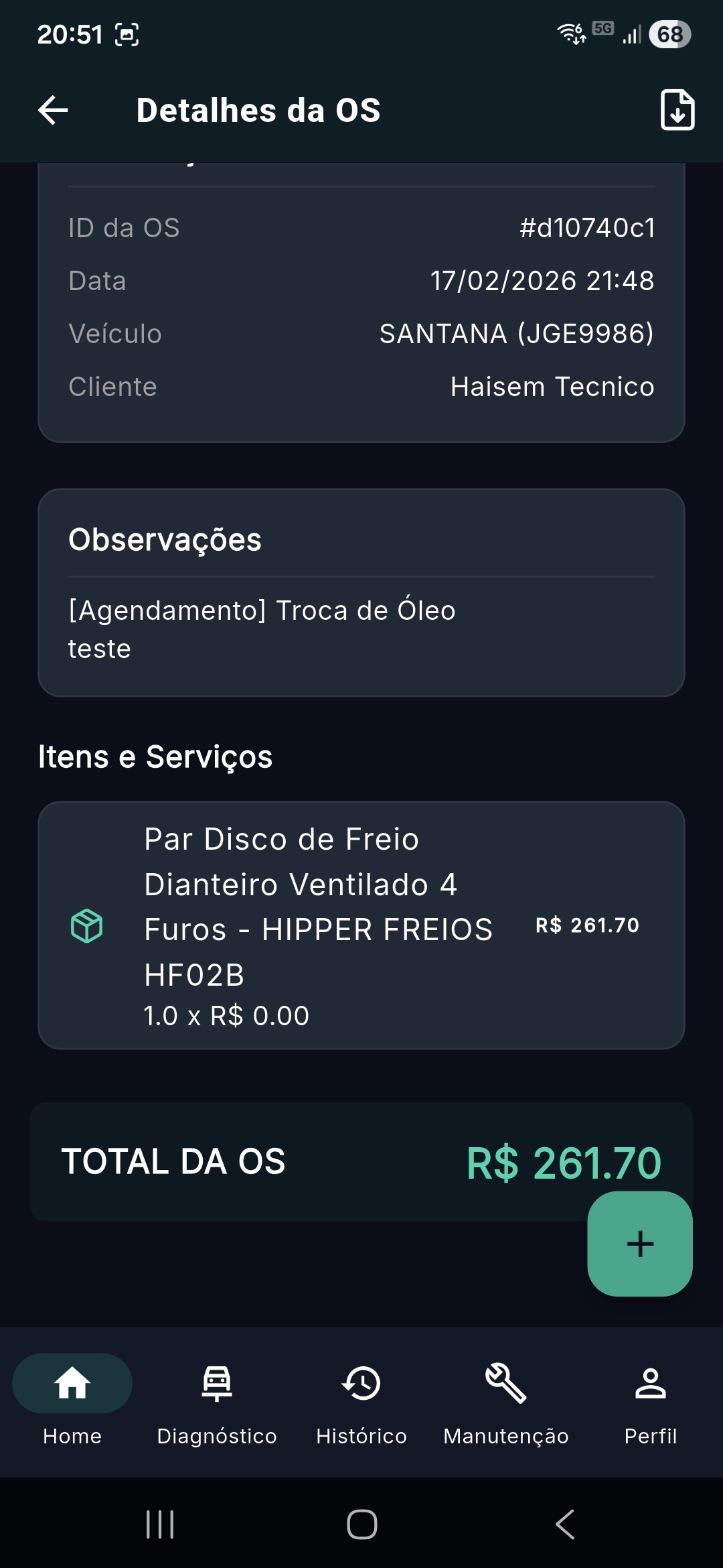 Detalhe real da ordem de serviço no app YouAutoCar