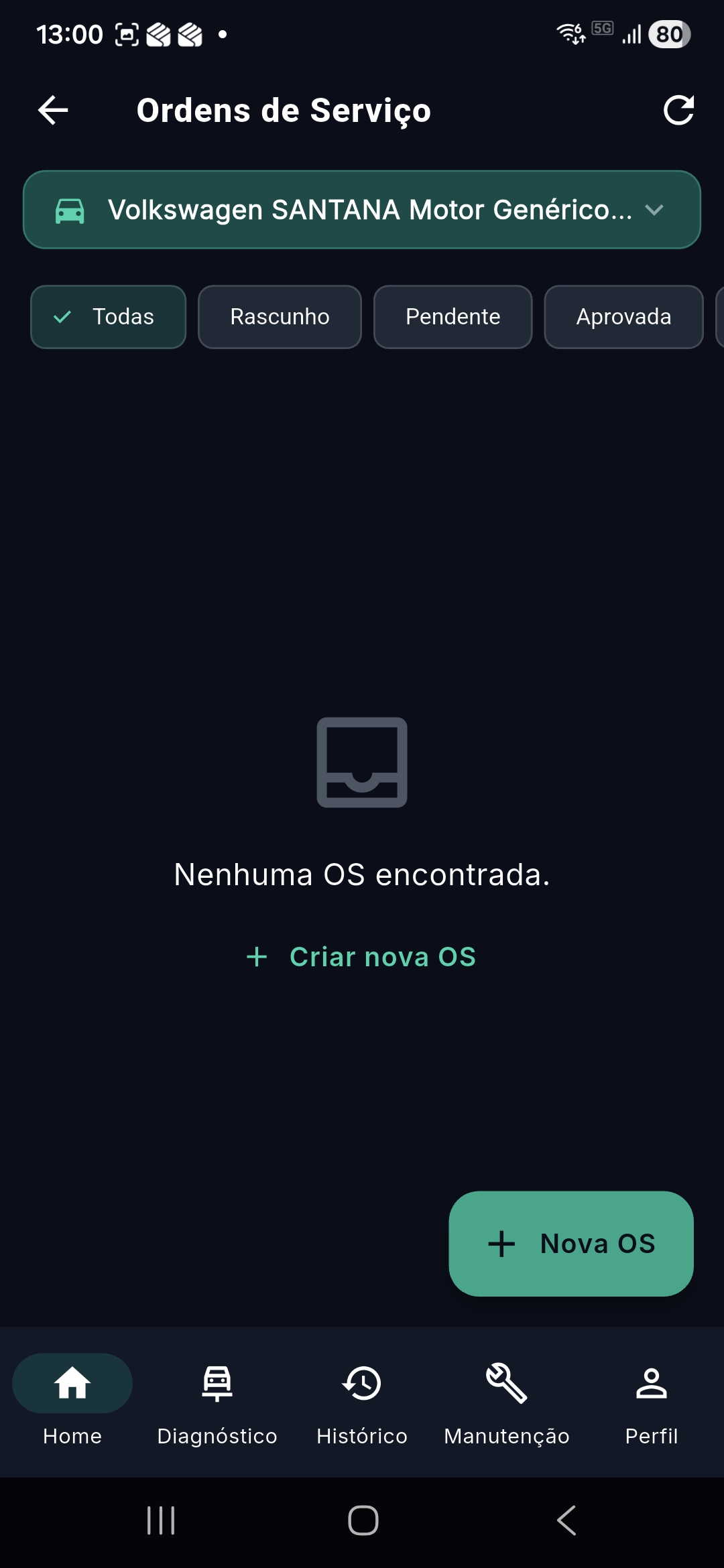 Ordens de serviço com filtros e status no app YouAutoCar