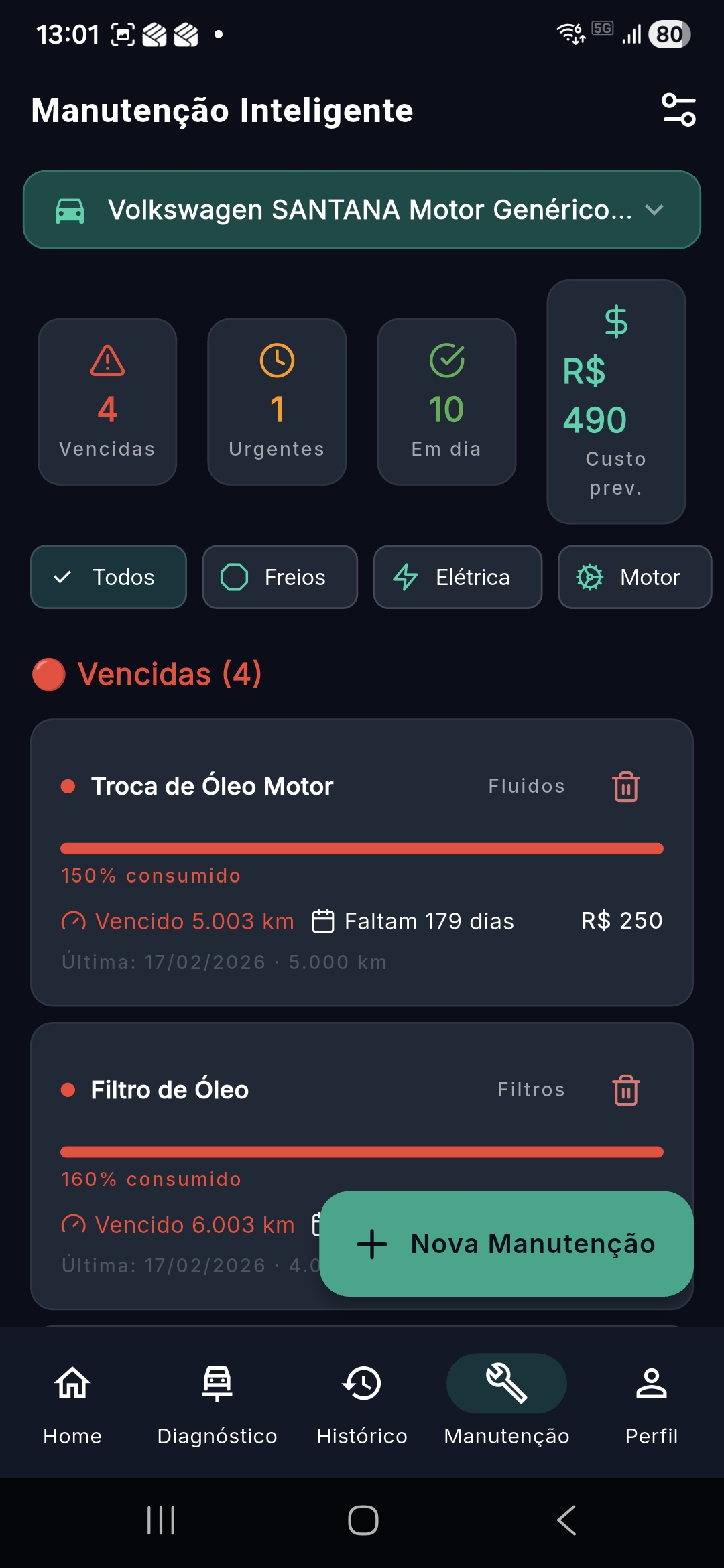 Histórico de manutenção e revisão no app YouAutoCar