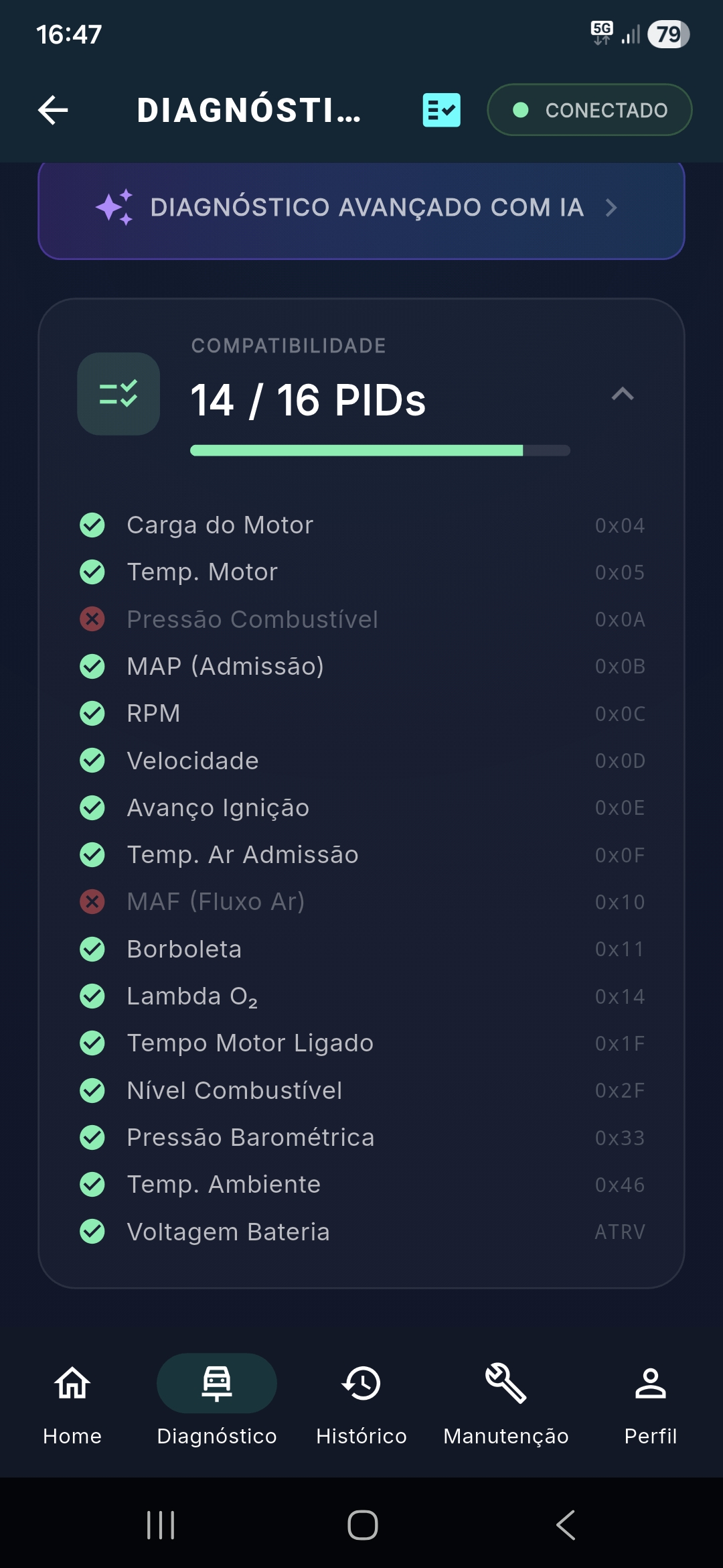 Diagnóstico OBD-II com PIDs em tempo real no app YouAutoCar