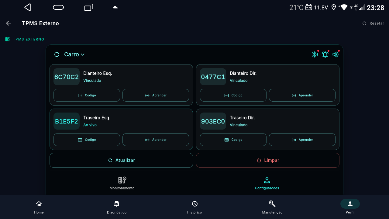 Configuração dos sensores TPMS por roda